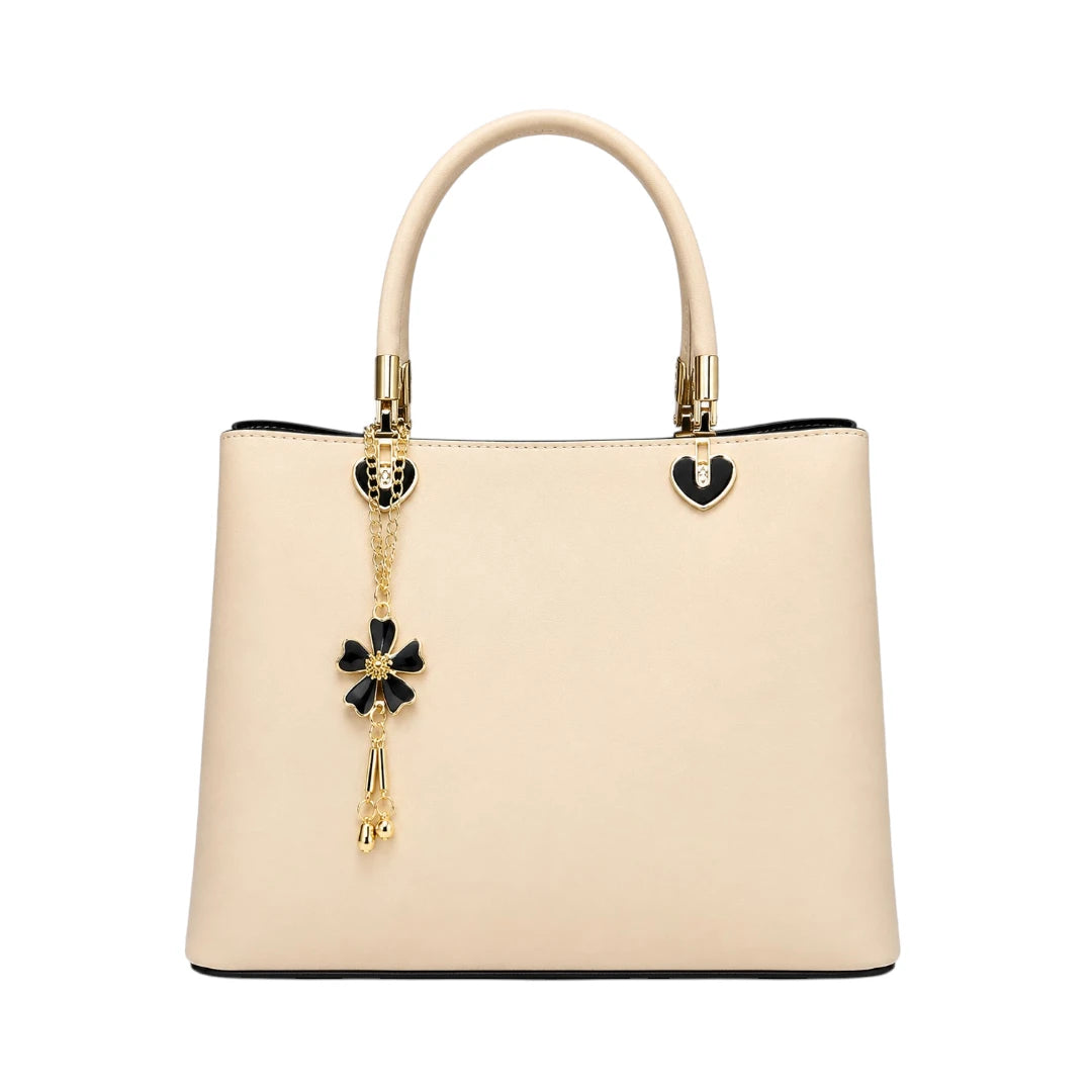 Orwa Premium Beige Leather Handbag with Floral Charm