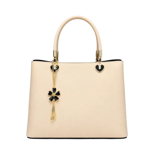 Orwa Premium Beige Leather Handbag with Floral Charm