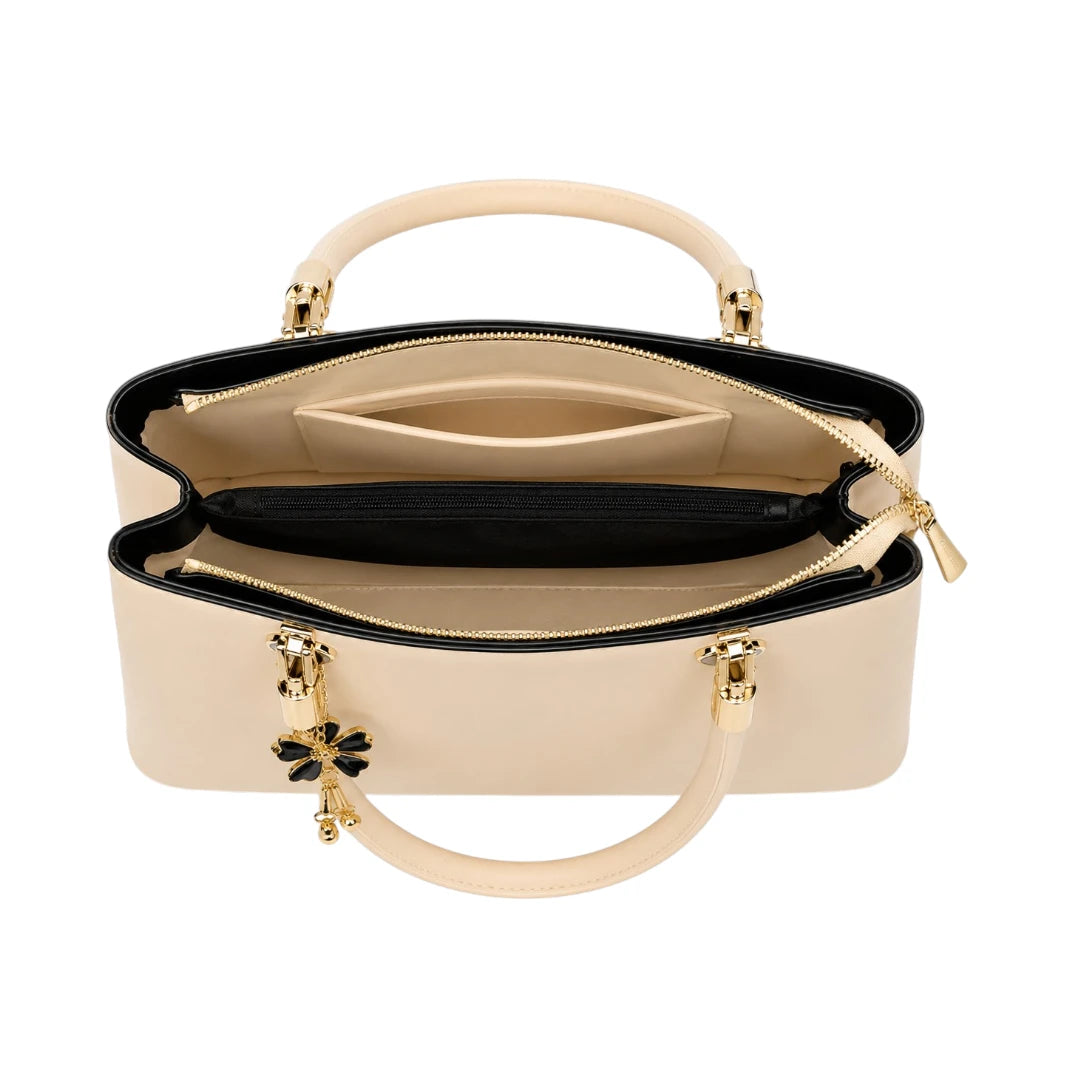 Orwa Premium Beige Leather Handbag with Floral Charm